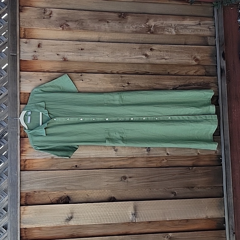 Nordstrom button-down linen collard short sleeve maxi dress tie back Gre…